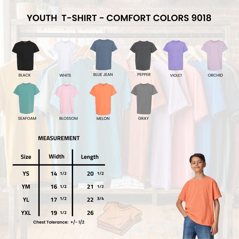 May include: A display of youth t-shirts in various colours, including black, white, blue jean, pepper, violet, orchid, seafoam, blossom, melon, and grey. The image includes a measurement chart with sizes and dimensions in inches, and the text "YOUTH T-SHIRT - COMFORT COLORS 9018".
