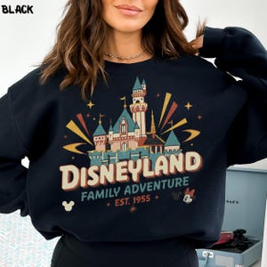 Puede incluir: Sudadera negra con un gr&aacute;fico colorido del castillo de Disneyland. El dise&ntilde;o incluye el texto "Disneyland Family Adventure + EST. 1955" con siluetas de Mickey y Minnie Mouse. Dise&ntilde;o de estilo vintage.