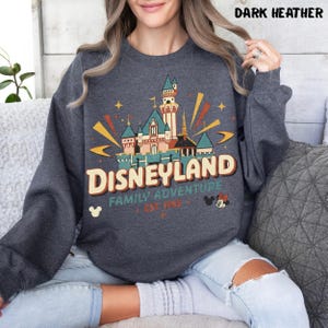 Puede incluir: Sudadera gris oscuro con un dise&ntilde;o de Disneyland. El dise&ntilde;o presenta un castillo, las palabras "Disneyland Family Adventure" y la fecha de fundaci&oacute;n de 1955. Mickey y Minnie Mouse tambi&eacute;n est&aacute;n presentes.