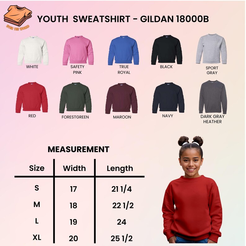 Puede incluir: Sudaderas juveniles en varios colores, incluyendo blanco, rosa, azul, negro y gris. La imagen muestra los colores de las sudaderas y una tabla de medidas. El texto en la imagen dice "YOUTH SWEATSHIRT - GILDAN 18000B".