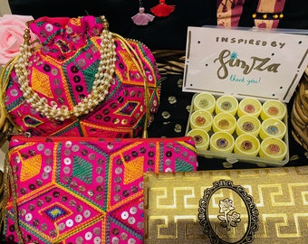 Mehendi or Party Gift Set: Jewelled Cushion cover set (Pair of Camels), Potli Bag and Clutch, Money Gift Wallet, Bindis (Dozen).