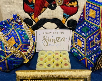 Wedding Couple Gift Set: Jewelled Cushions (Pair Bride and Groom), Potli Bag and Clutch (Blue), Money Gift Wallet, Bindis (Dozen)