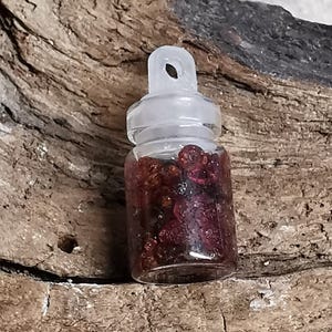 Può includere: Una piccola bottiglia di vetro trasparente piena di bacche rosse scure essiccate. La bottiglia ha un tappo trasparente e arrotondato con un piccolo foro nella parte superiore. Su una superficie di legno chiaro e strutturato.