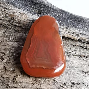 May include: A polished, teardrop-shaped stone in a vibrant orange colour. The stone has a layered pattern of lighter orange and white, creating a unique, natural design. The stone is smooth and glossy, resting on a piece of weathered wood.