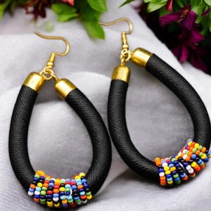 Handmade African Beaded Hoop Earrings | Bright Tribal Jewelry | Colorful Black Heritage Gift for Women