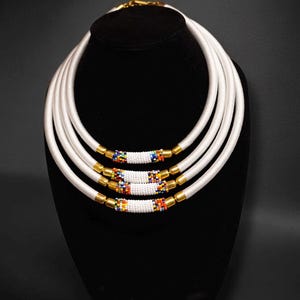 Handmade White African Zulu Necklace - 4 Layer Beaded Statement Necklace - Ethnic Jewelry for African American Women - Heritage Gift