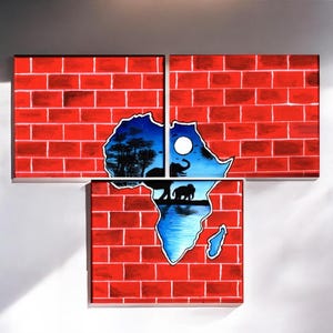 Toile 3 panneaux pour maman et bébé éléphant | Peinture acrylique sur carte d'Afrique | Art mural brique rouge | Décoration tribale éléphant pour salon