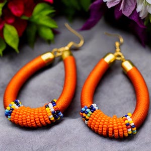 Handmade African Beaded Hoop Earrings | Bright Tribal Jewelry | Colorful Orange Heritage Gift for Women