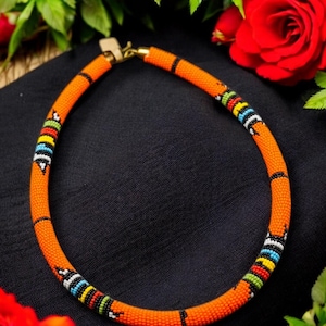 Handmade African Maasai Beaded Necklace – Zulu Tribal Orange Choker with Colorful Patterns