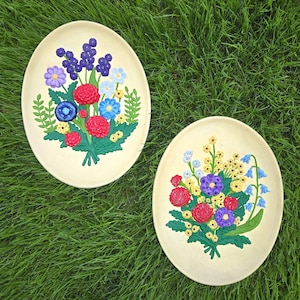 Vintage Hand Painted Floral Oval Ceramic Wall Platters, Set of 2, Atlantic Mold, 1980s, Yellow, Home Decor, Gallery