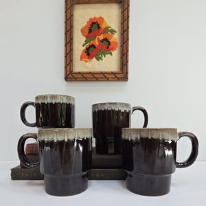 Vintage Drip Glaze Mugs Set of 4, Brown, Japan, 1970s, Otagiri Drinkware, Barware, Coffee, Tea, Kitchen, Dining, MCM