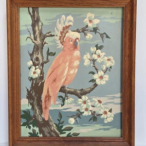 May include: A framed painting of a pink cockatoo perched on a branch of a tree with white blossoms. The background is a light blue sky with white clouds.