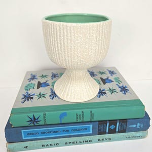 May include: A textured, off-white ceramic planter with a green interior sits atop a stack of vintage books. The planter has a pedestal base and a wide, ribbed body. The books have teal, blue, and gray covers.