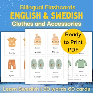30 Clothes and Accessories Flashcards in English and Swedish, Bilingual Flashcards for Kids, Printable Flashcards, Learn Swedish Language