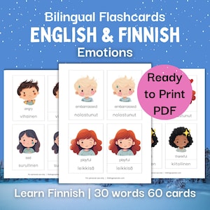 30 Emotionen Karteikarten auf Englisch und Finnisch, Zweisprachige Karteikarten für Kinder, Montessori Karten zum Ausdrucken, Finnisch lernen