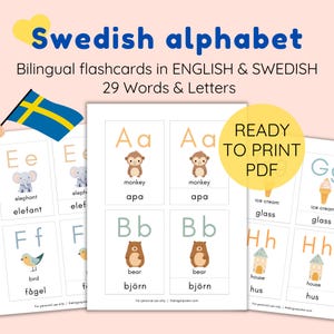 Schwedisches Alphabet Karteikarten, zweisprachig, Englisch und Schwedisch, Druckbare Karteikarten, Schwedisch lernen, Montessori Karteikarten, Erste Worte