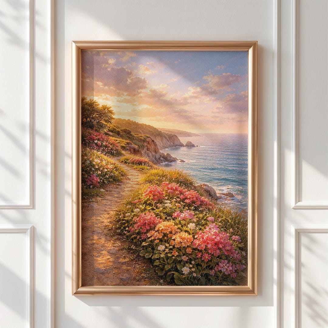 Coastal Path Wall Art Print | Ocean Cliff Sunset Landscape | Floral ...