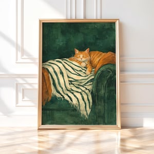 Cozy Cat Painting, Green Couch, Pet Lover Art (Digital Download)