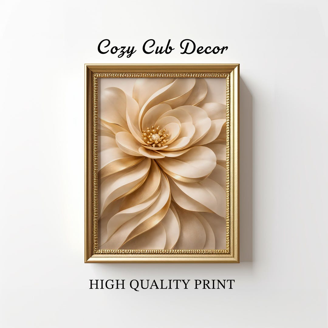 Elegant Gold Flower Wall Art Print, Neutral Abstract Floral Artwork ...