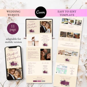 Könnte beinhalten: Eine Hochzeits-Website-Vorlage mit cremefarbenem Hintergrund und violetten floralen Akzenten. Die Vorlage enthält eine Startseite, eine Seite zum Speichern des Datums, eine Seite mit Hochzeitsdetails, eine Anfahrtsbeschreibung und eine Seite für Glückwünsche. Die Vorlage ist einfach zu bearbeiten und anzupassen.