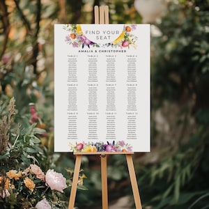 May include: A white wedding seating chart with a floral design featuring purple, yellow, and blue flowers. The chart is titled "Find Your Seat" and lists the names of guests assigned to each table. The chart is displayed on a wooden easel.