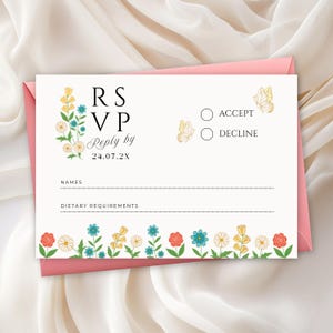 Antwortkarte Hochzeit, liebe Antwortkarten, Wildblumen, flaches Muster, klare Linien, helle Farben, niedliches Blumenmuster, Hintergrund weiss
