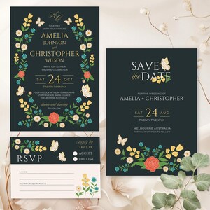 Set Hochzeitseinladung mit Monogramm, Save the date Karte, Rsvp, Wildblumen, flat Draw, bunte Farben, niedliches Blumenmuster, Hintergrund schwarz
