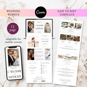May include: A wedding website template with 11 pages, featuring a couple's photos, wedding details, and a save the date. The template is adaptable for mobile devices. The website is designed in a minimalist style with a white background and black text.