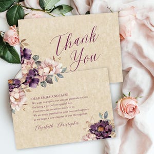 Hochzeit Danke-Karte Vintage lila Blume, Blumen, Weißer Hintergrund, Blumenrahmen, grüne Blätter