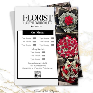 Modèle de carte de visite pour fleuriste, carte à code QR pour fleuristes, carte sur toile modifiable, design floral minimaliste, carte pour réseaux sociaux