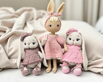 Handmade Organic Cotton Crochet Rabbit Family: Amigurumi Doll