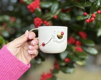 Personalized Handmade Ceramic Mug Gift Set Ladybird: Tea & Wooden Coaster