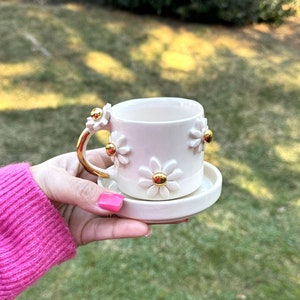 Handmade Ceramic Mug with Custom Wood Slice Gift Box, 8.5 oz (250ml), Coffee Tea Cup, 24K Gold Plated, Pottery Birthday Valentines Mothers