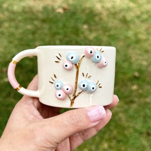 Handmade Ceramic Mug with Custom Wood Slice Gift Box, Coffee Tea Cup, 7 oz 200ml , 24K Gold Plated Pottery Birthday Valentines Mothers Day Pink Tree