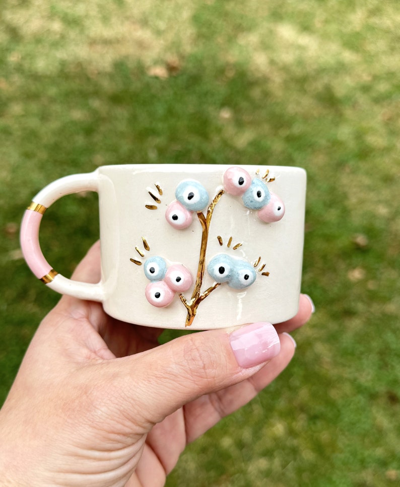 Handmade Ceramic Mug with Custom Wood Slice Gift Box, Coffee Tea Cup, 7 oz 200ml , 24K Gold Plated Pottery Birthday Valentines Mothers Day Pink Tree
