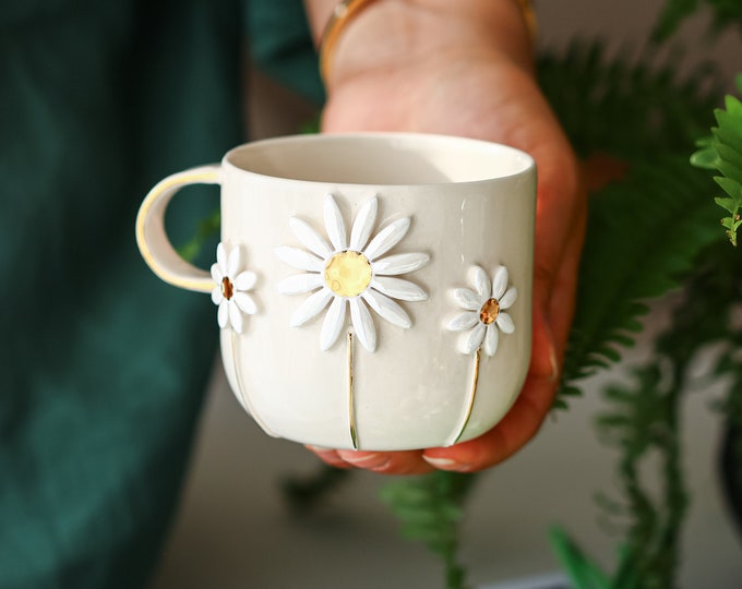 Handmade Ceramic Mug with Custom Wood Slice Gift Box, 12 oz (350ml), Coffee Tea Cup, 24K Gold Plated Pottery Birthday Valentines Mothers Day