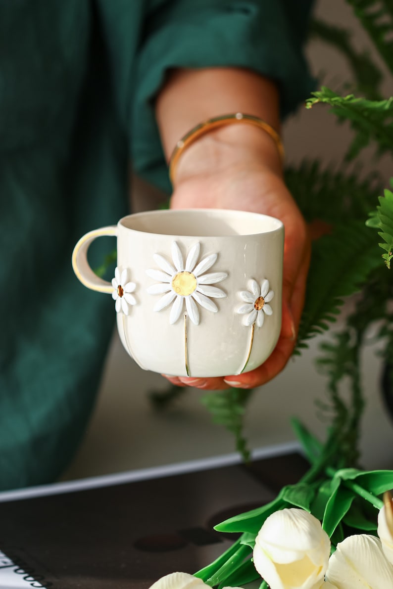 Handmade Ceramic Mug with Custom Wood Slice Gift Box, 12 oz 350ml, Coffee Tea Cup, 24K Gold Plated Pottery Birthday Valentines Mothers Day image 1
