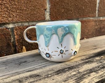 Personalized Handmade Ceramic Mug Gift Set Evil Eye: Tea & Wooden Coaster