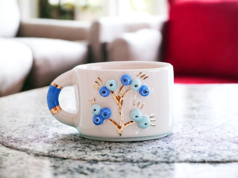 Handmade Ceramic Mug with Custom Wood Slice Gift Box, Coffee Tea Cup, 7 oz 200ml , 24K Gold Plated Pottery Birthday Valentines Mothers Day image 4
