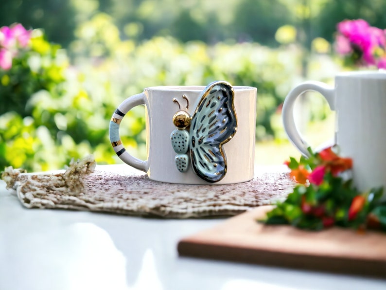 Handmade Ceramic Mug with Custom Wood Slice Gift Box, 8.5 oz 250ml, Coffee Tea Cup 24K Gold Plated Pottery Birthday Valentines Mothers Day image 3
