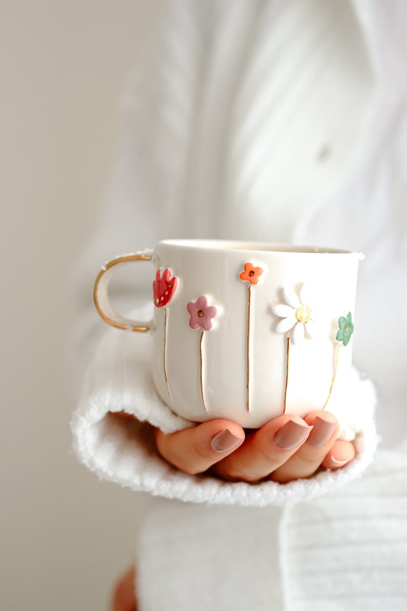 Handmade Ceramic Mug with Custom Wood Slice Gift Box, Coffee Tea Cup 12 oz 350ml, 24K Gold Plated Pottery Birthday Valentines Mothers Day Colorful Daisy