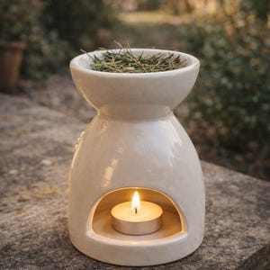 May include: A cream-colored ceramic essential oil diffuser with a lit tea light candle inside. The top bowl holds sprigs of greenery. The diffuser has a rounded shape with a wide base and a narrower top, creating a decorative and functional item.
