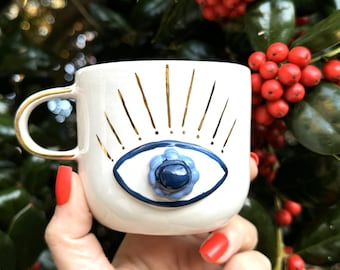 Personalized Handmade Ceramic Mug Gift Set: Evil Eye Tea & Wooden Coaster