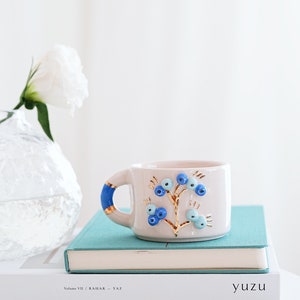 Handmade Ceramic Mug with Custom Wood Slice Gift Box, Coffee Tea Cup, 7 oz 200ml , 24K Gold Plated Pottery Birthday Valentines Mothers Day Blue Tree