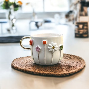 Handmade Ceramic Mug with Custom Wood Slice Gift Box, 12 oz 350ml, Coffee Tea Cup, 24K Gold Plated Pottery Birthday Valentines Mothers Day image 3