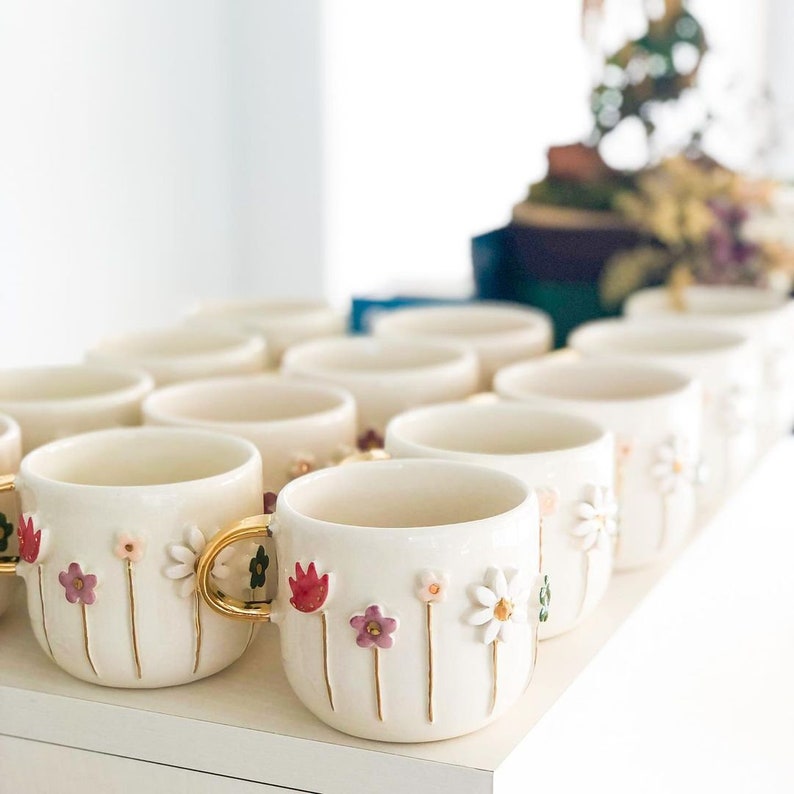 Handmade Ceramic Mug with Custom Wood Slice Gift Box, 12 oz 350ml, Coffee Tea Cup, 24K Gold Plated Pottery Birthday Valentines Mothers Day image 2