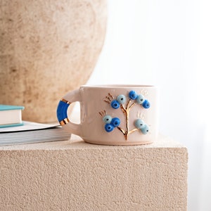 Handmade Ceramic Mug with Custom Wood Slice Gift Box, Coffee Tea Cup, 7 oz 200ml , 24K Gold Plated Pottery Birthday Valentines Mothers Day image 3