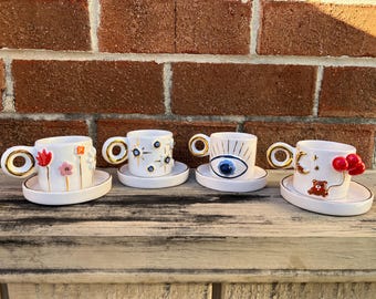 Personalized Handmade Ceramic Espresso Mug Set: 24K Gold Accent, Tea & Coaster