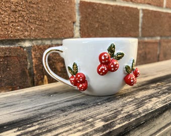 Personalized Handmade Ceramic Mug Gift Set 13oz: Holly Berry Tea & Wooden Coaster