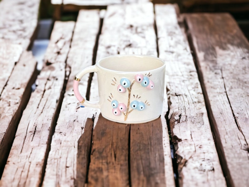 Handmade Ceramic Mug with Custom Wood Slice Gift Box, Coffee Tea Cup, 7 oz 200ml , 24K Gold Plated Pottery Birthday Valentines Mothers Day image 10